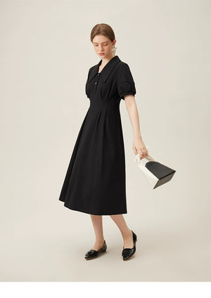 Flat lay of front and back of black linen collared midi dress