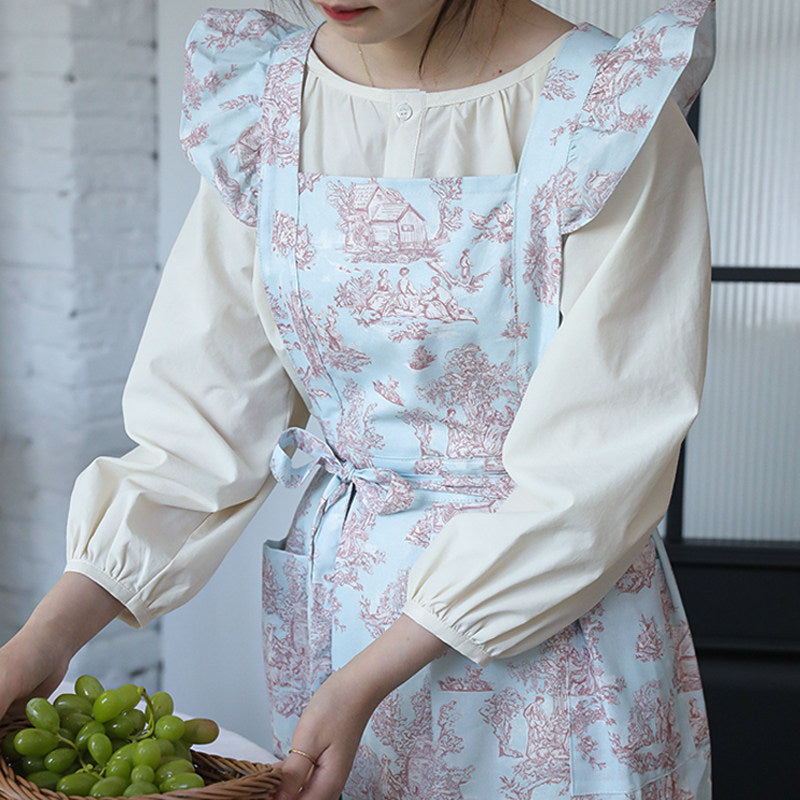 French Water-Repellent Floral Apron, Cotton Ruffle Kitchen Workwear