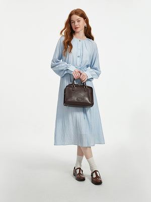 Light blue button-front midi dress with drawstring waist