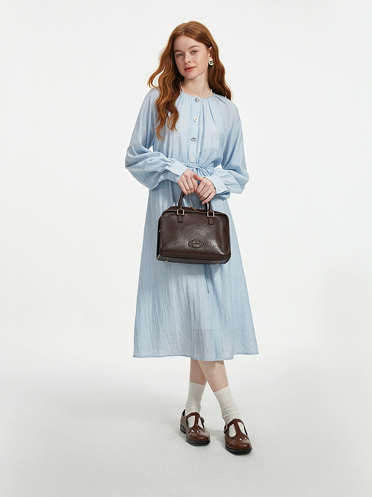 Light blue button-front midi dress with drawstring waist
