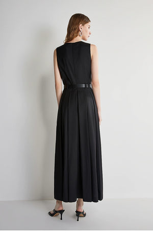 White A-line dress with belt and pleats