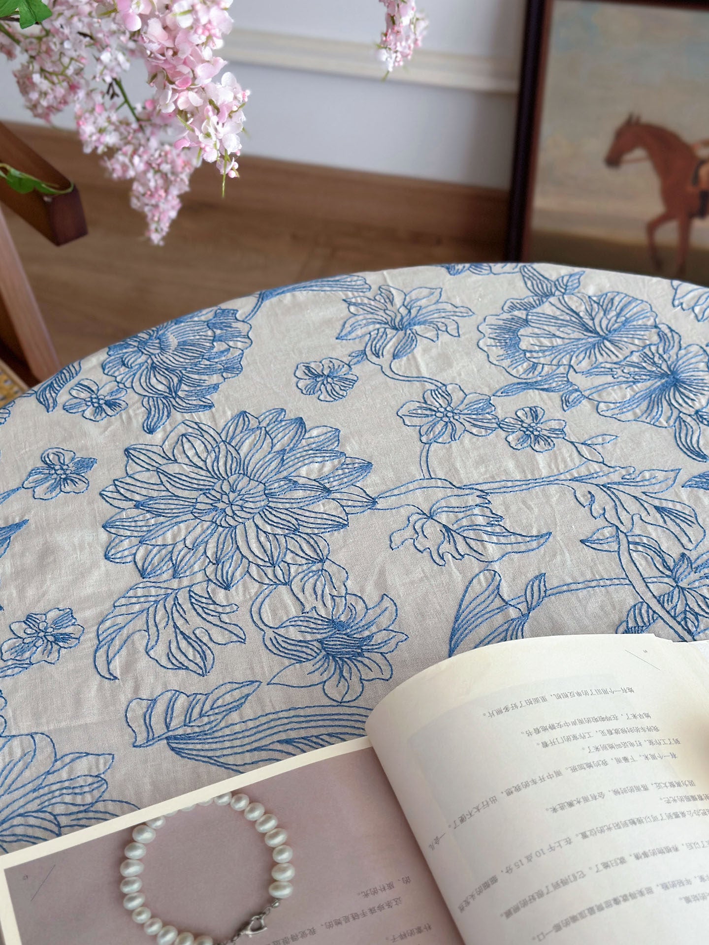Blue and White Porcelain Tablecloth, Embroidered French Dining Cover