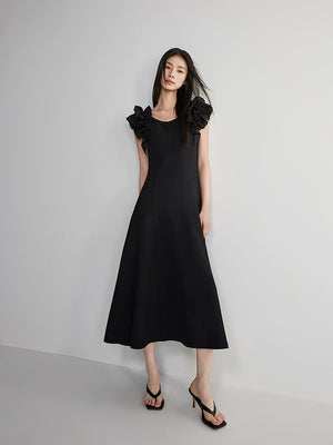 Black midi dress with layered ruffle sleeves
