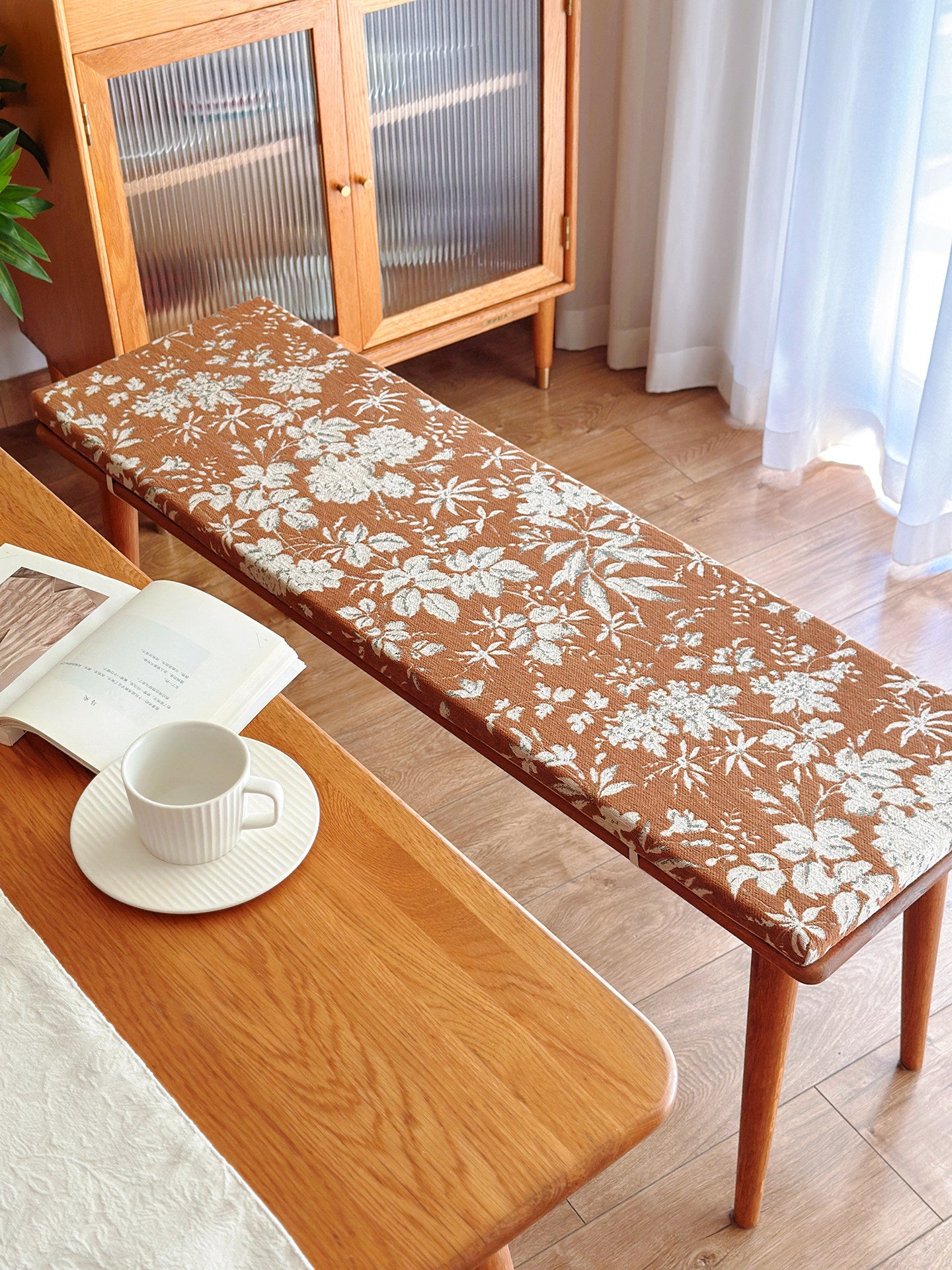 French Vintage Jacquard Bench Cushion, Thick Sponge Seat Pad