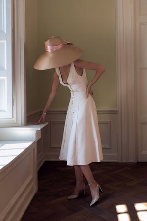 Linen button-front midi dress for countryside or bridal occasions
