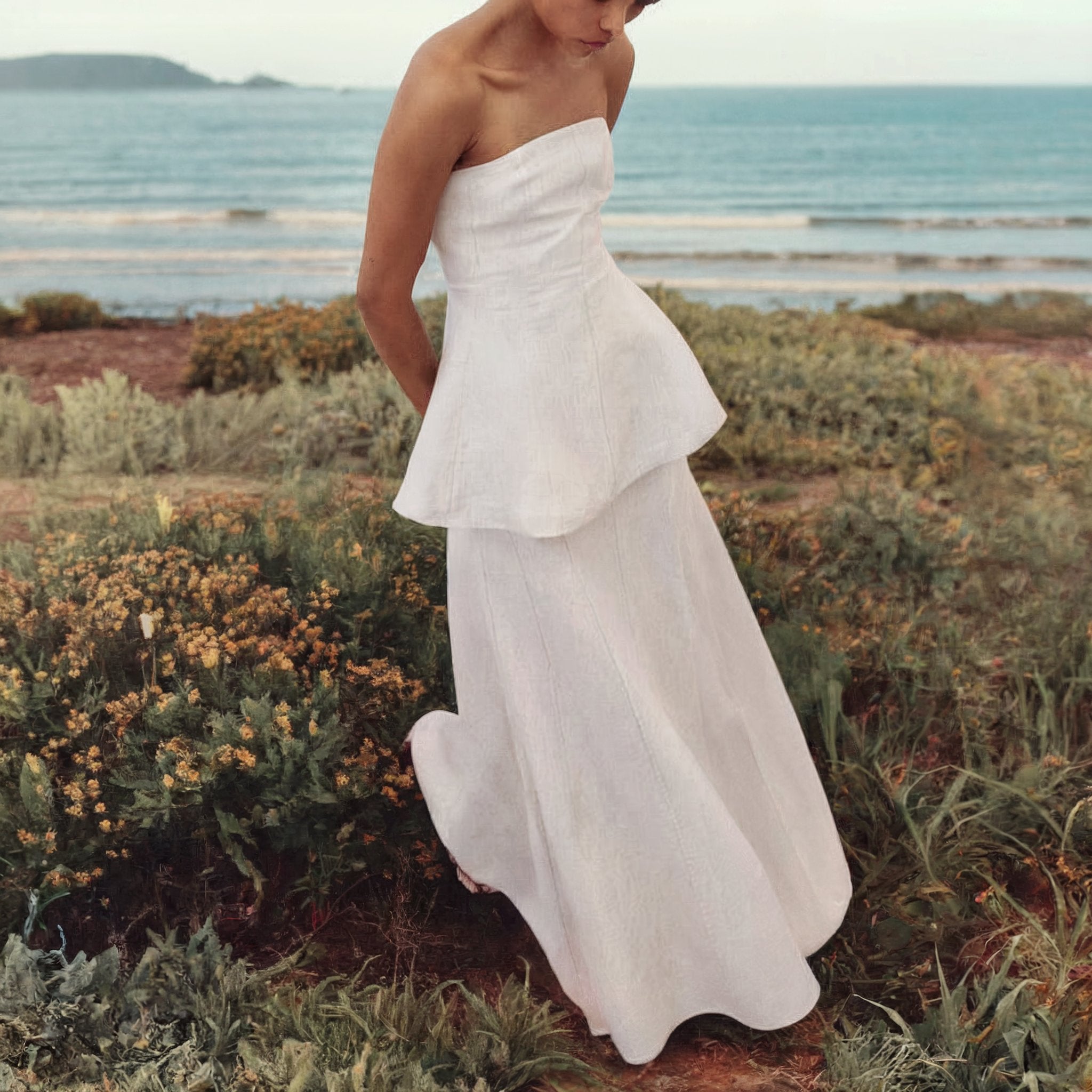 Strapless resort-style linen dress for warm weather