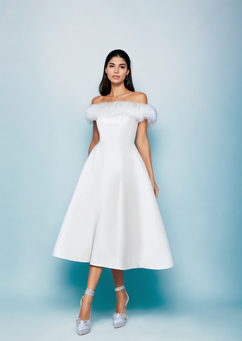 Elara A-line feather-trimmed off-shoulder dress