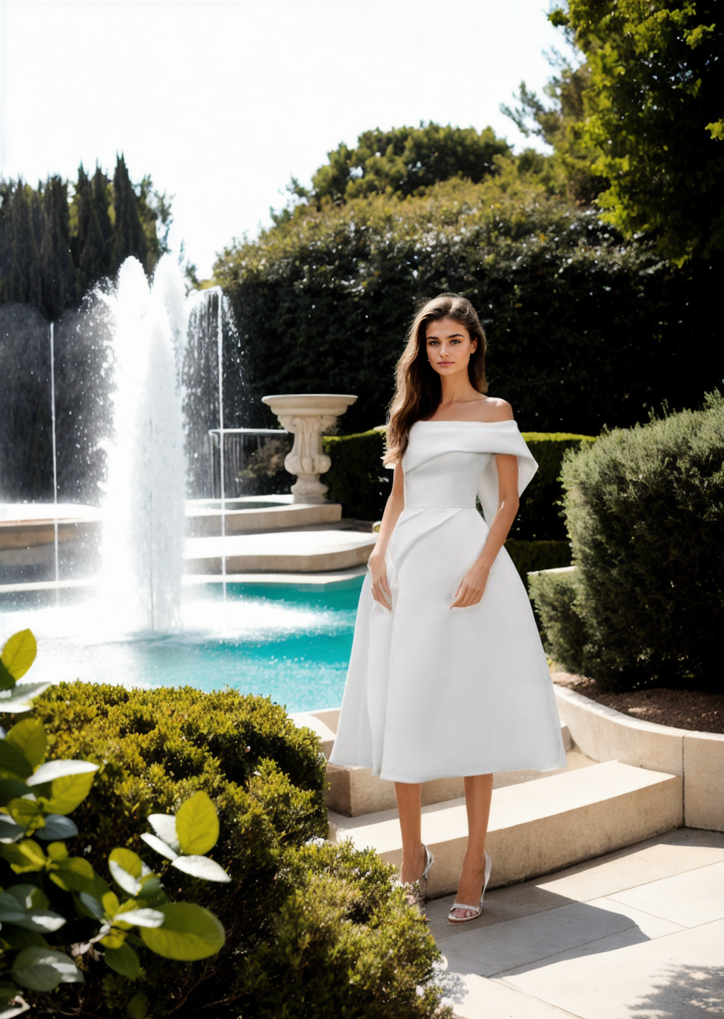 Luna dress with off-shoulder neckline and pleated draping on one-side