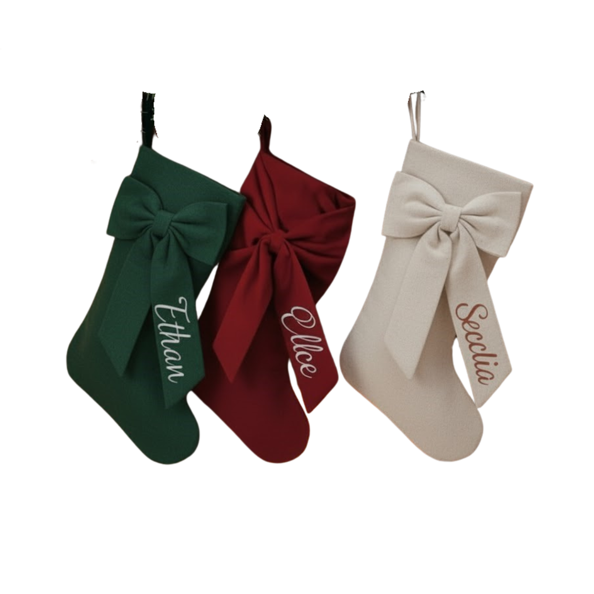 Personalized Christmas Stocking with Oversized Bow | Embroidered Name on Bow Tail
