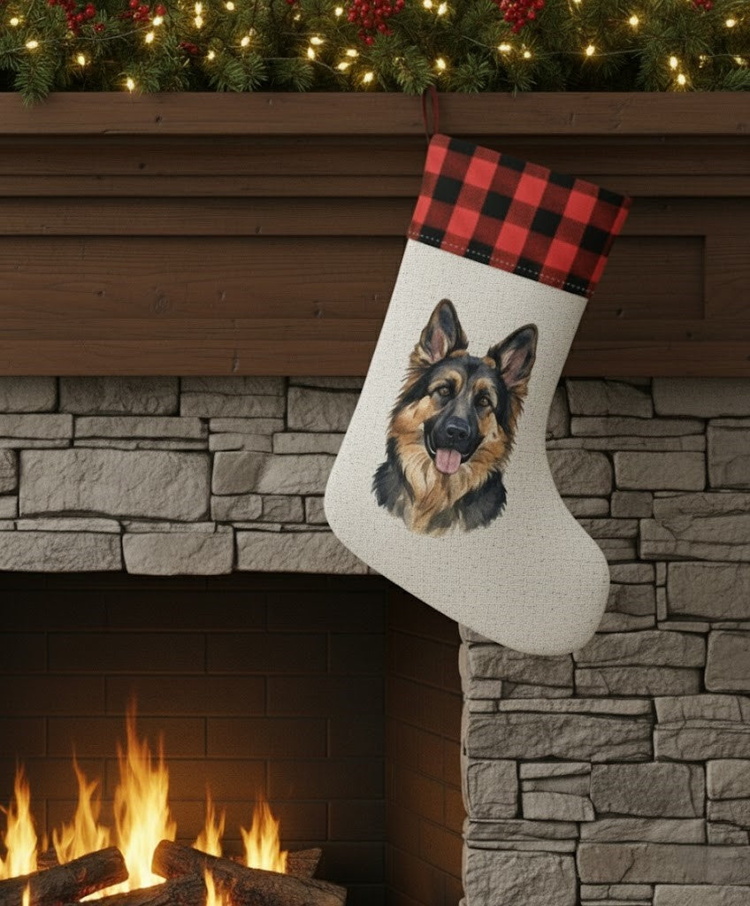 Custom Pet Portrait Christmas Stocking | Printed Dog Portrait with Buffalo Check Cuff
