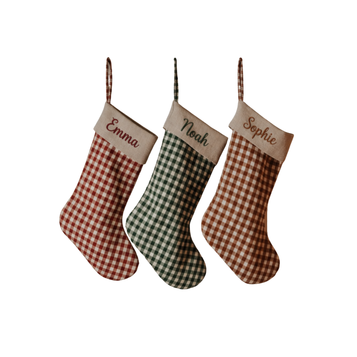 Personalized Gingham Christmas Stocking | Embroidered Name on Natural Cream Cuff