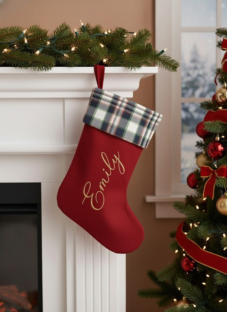 Personalized Christmas Stocking | Gold Script Name with Navy & Green Plaid Cuff