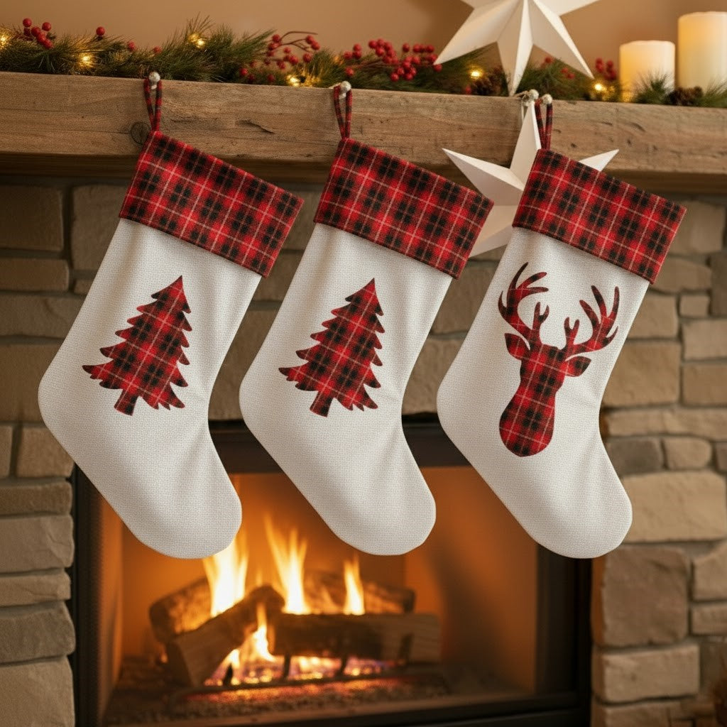 Christmas Stocking with Tartan Tree or Reindeer Design | Tartan Cuff Holiday Stocking
