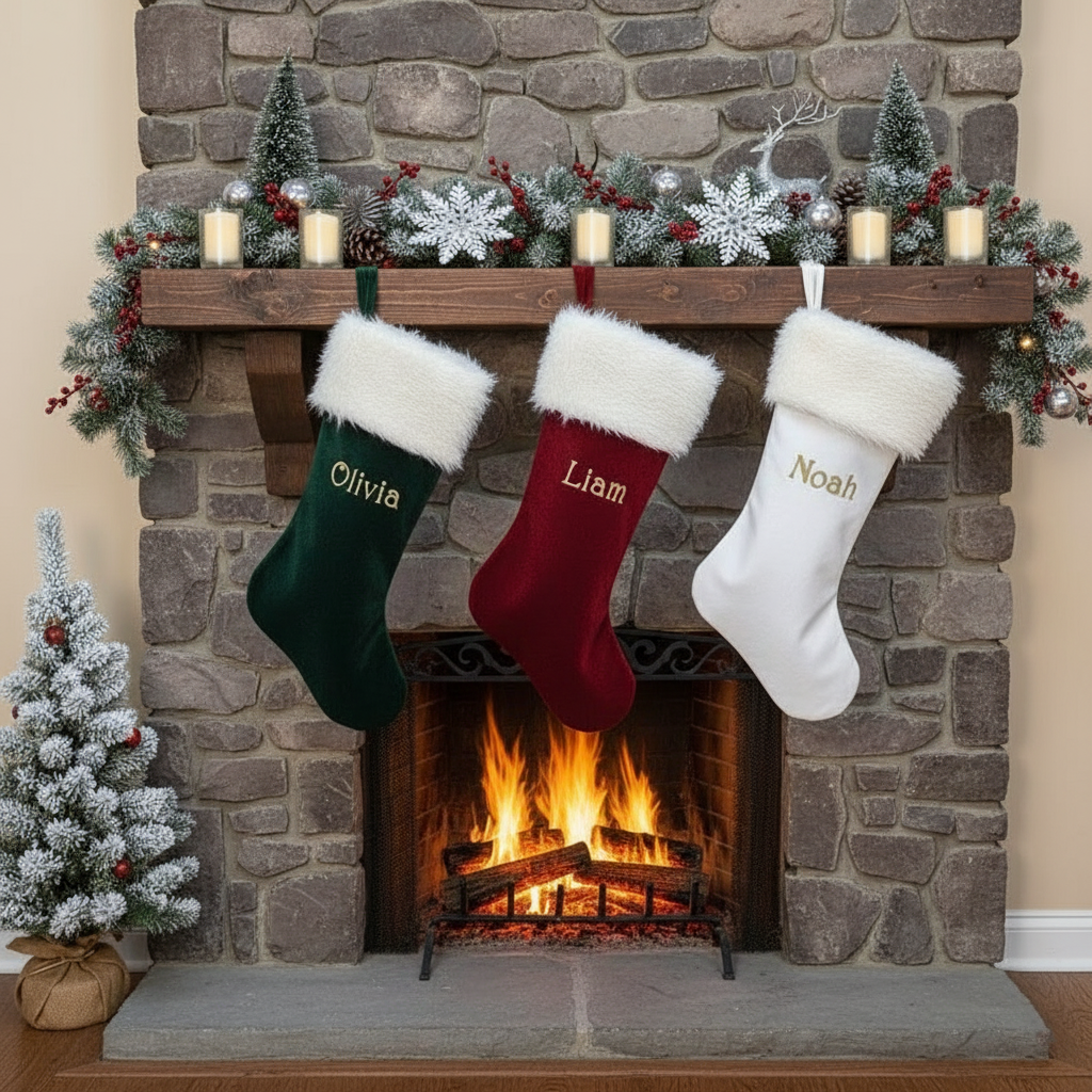 Personalized Velvet Christmas Stocking | Gold Name with Fluffy White Plush Cuff