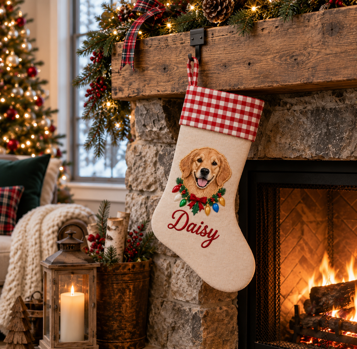 Custom Pet Christmas Stocking | Color Applique Dog Portrait with Christmas Lights, Embroidered Name & Red Gingham Cuff