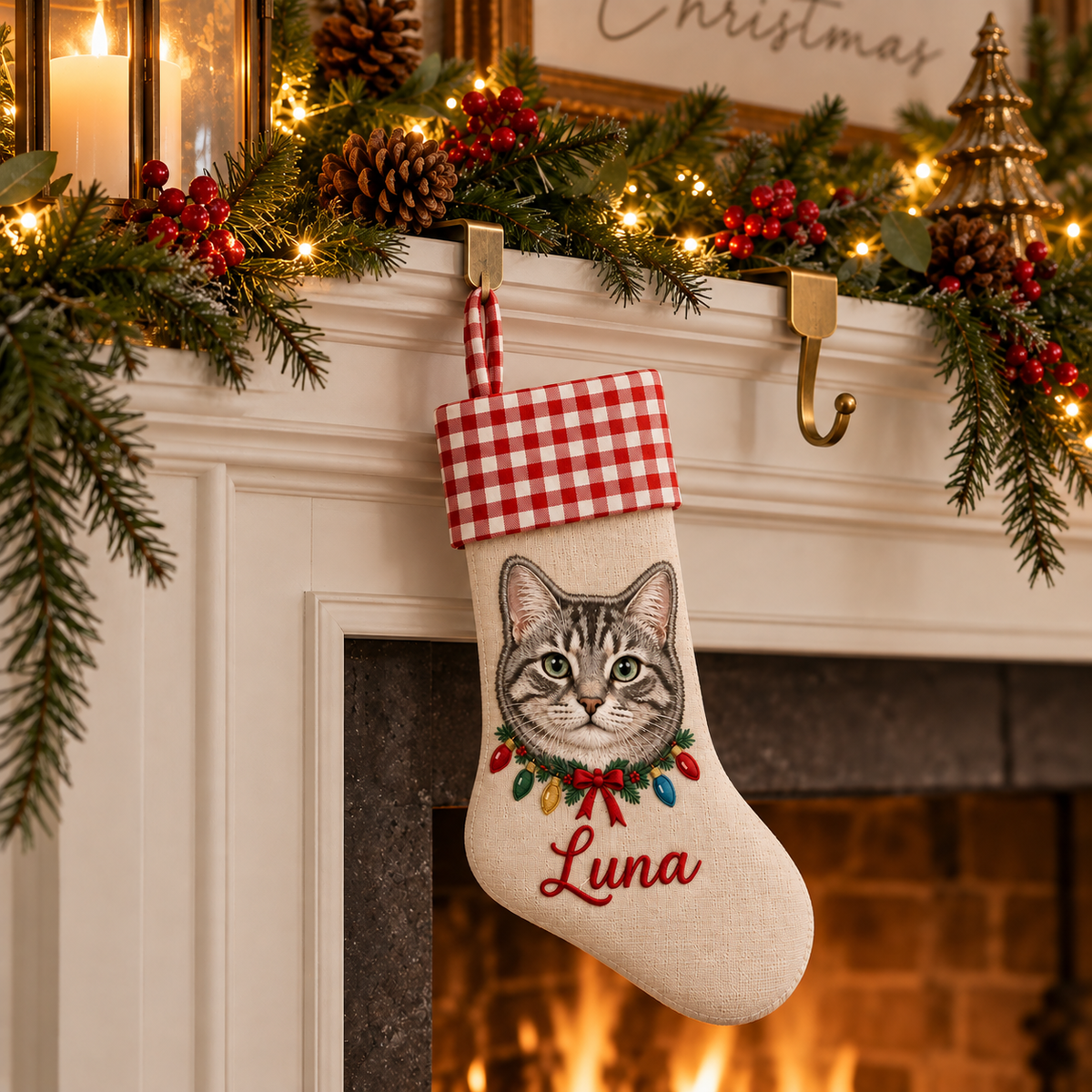 Custom Pet Christmas Stocking | Color Applique Cat Portrait with Christmas Lights, Embroidered Name & Red Gingham Cuff