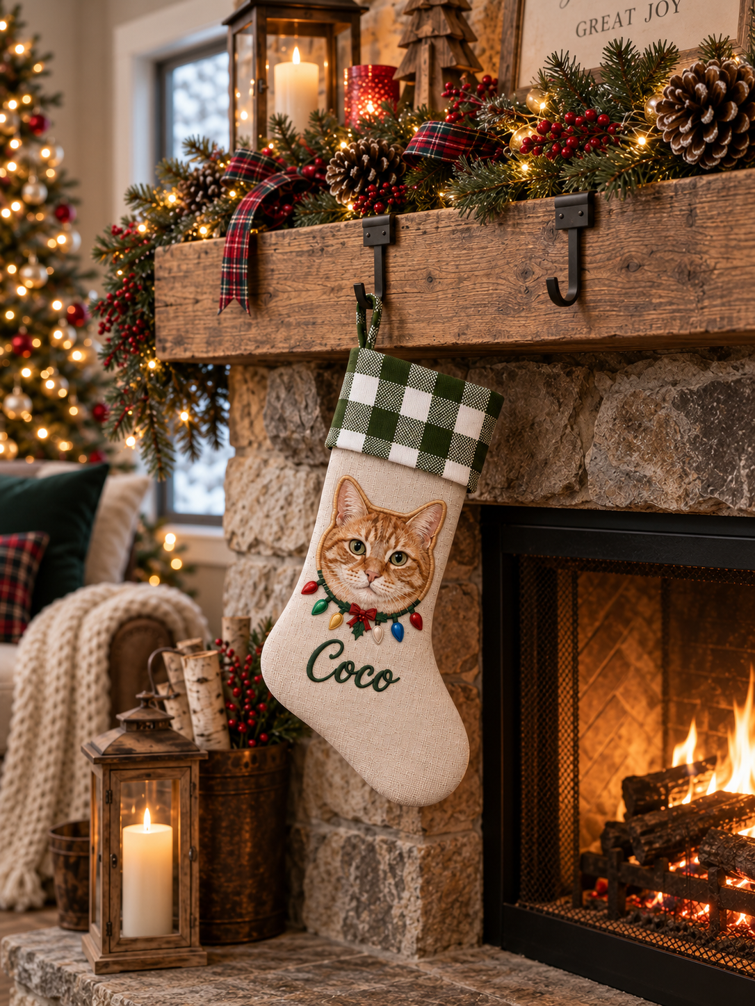 Custom Pet Christmas Stocking | Applique Pet Portrait with Embroidered Name & Green Gingham Cuff