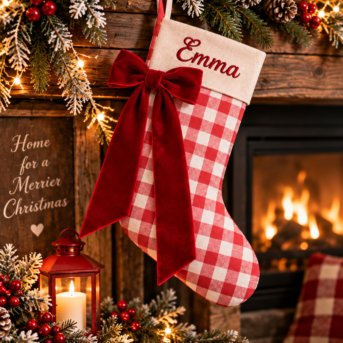 Personalized Gingham Christmas Stocking | Embroidered Name on Cream Cuff with Red Velvet Bow