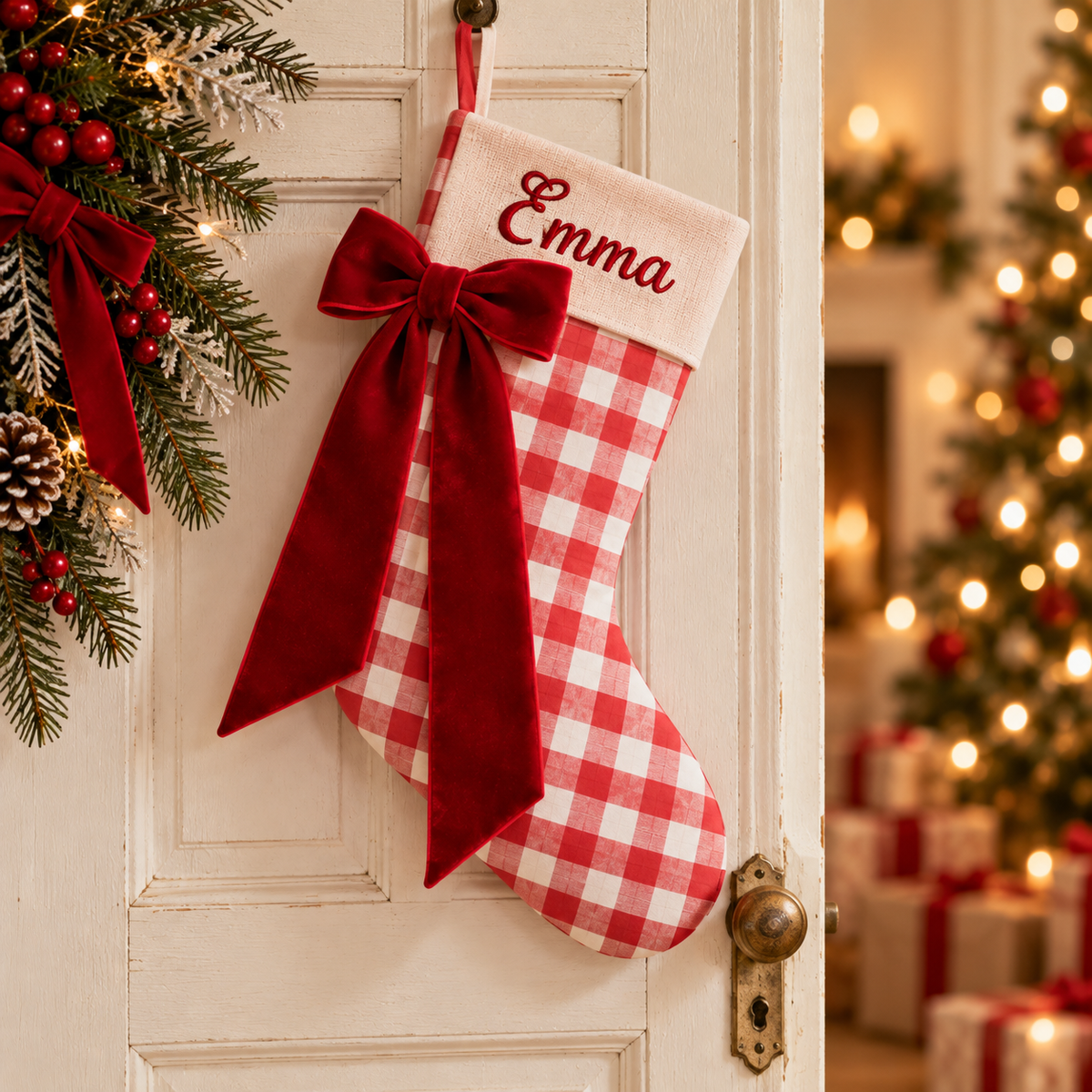 Personalized Gingham Christmas Stocking | Embroidered Name on Cream Cuff with Red Velvet Bow