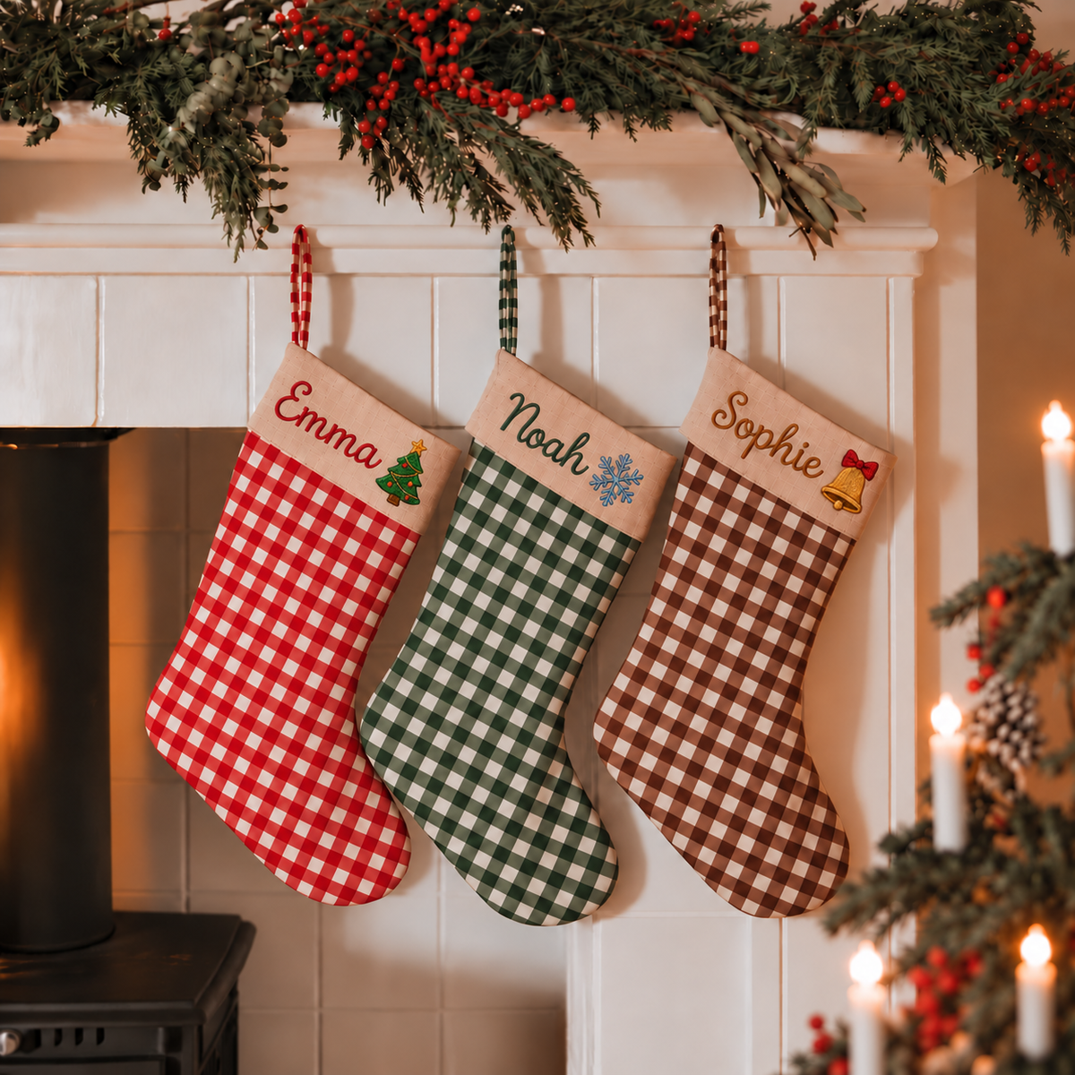 Personalized Gingham Christmas Stocking | Embroidered Name & Holiday Icon on Cream Cuff