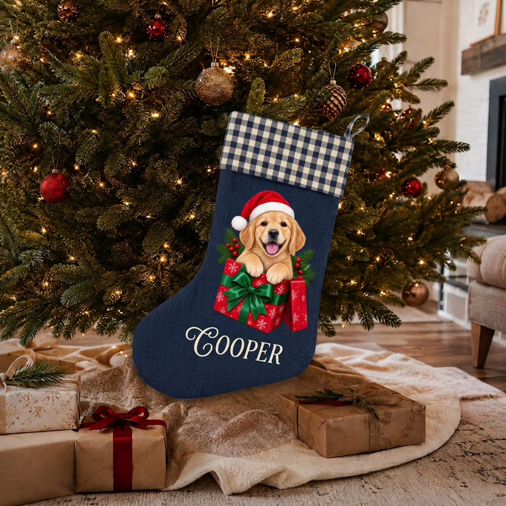 Custom Pet Christmas Stocking | Personalized Printed Pet in a Gift Box with Navy Gingham Cuff
