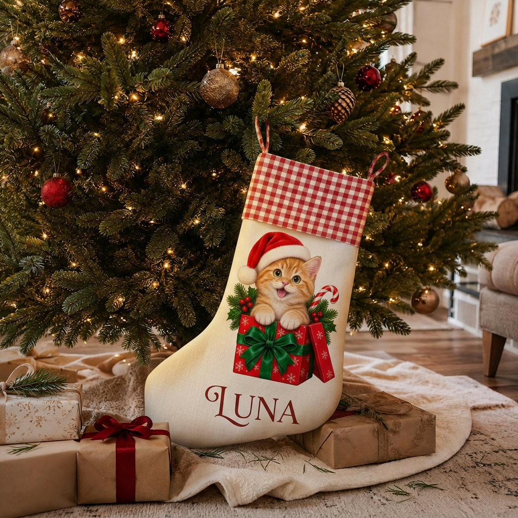 Custom Pet Christmas Stocking | Personalized Printed Pet in a Gift Box with Red Gingham Cuff