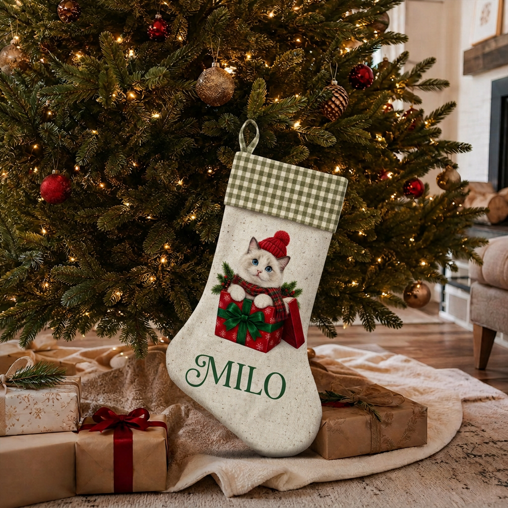 Custom Pet Christmas Stocking | Personalized Printed Pet in a Gift Box with Green Gingham Cuff