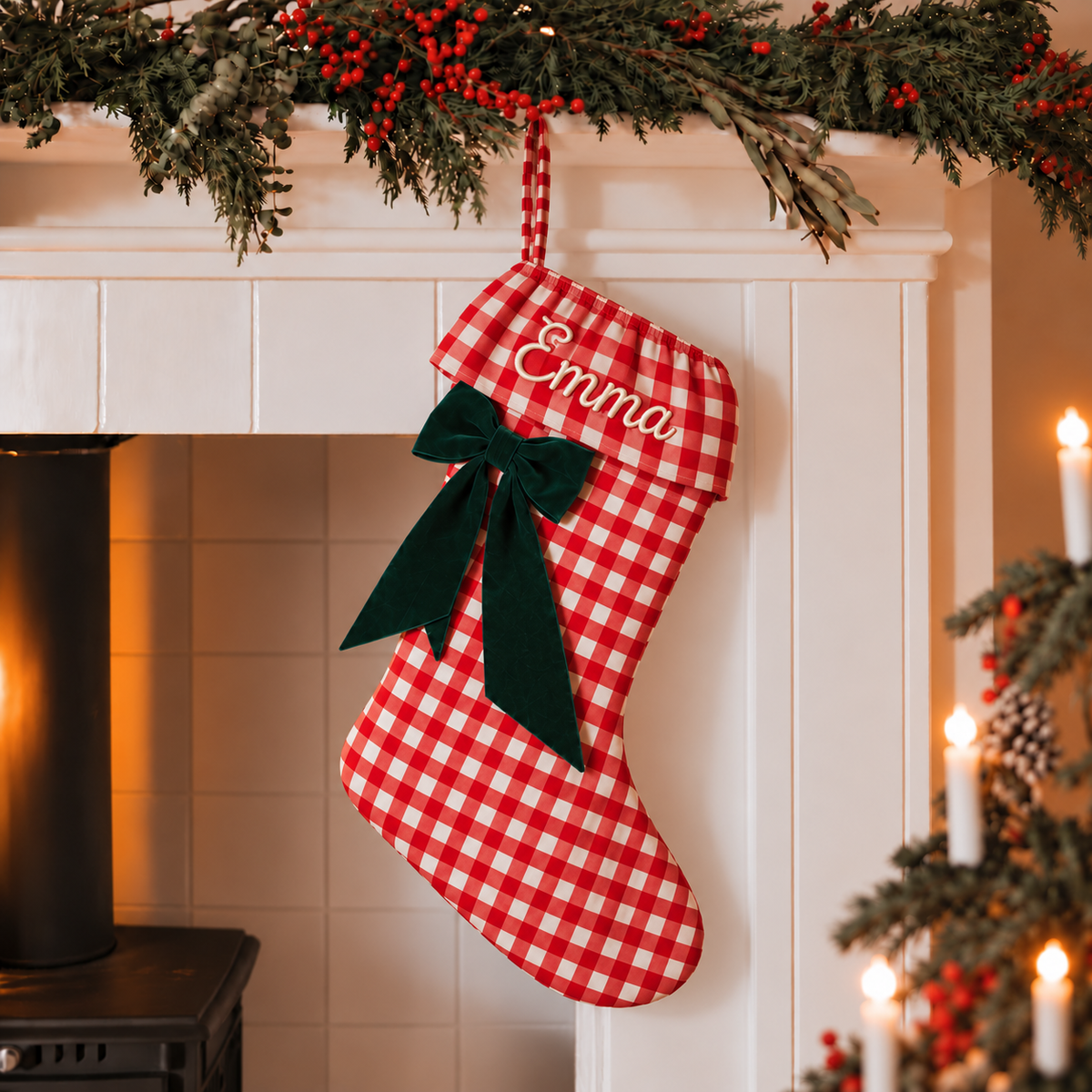 Personalized Gingham Christmas Stocking | Embroidered Name with Contrast Velvet Bow