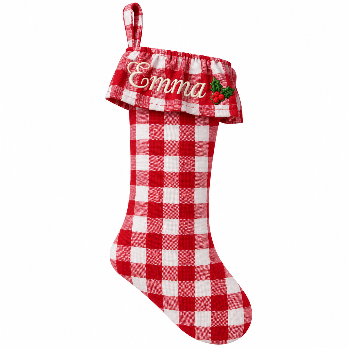 Personalized Gingham Christmas Stocking | Embroidered Name & Holiday Icon on Gathered Cuff