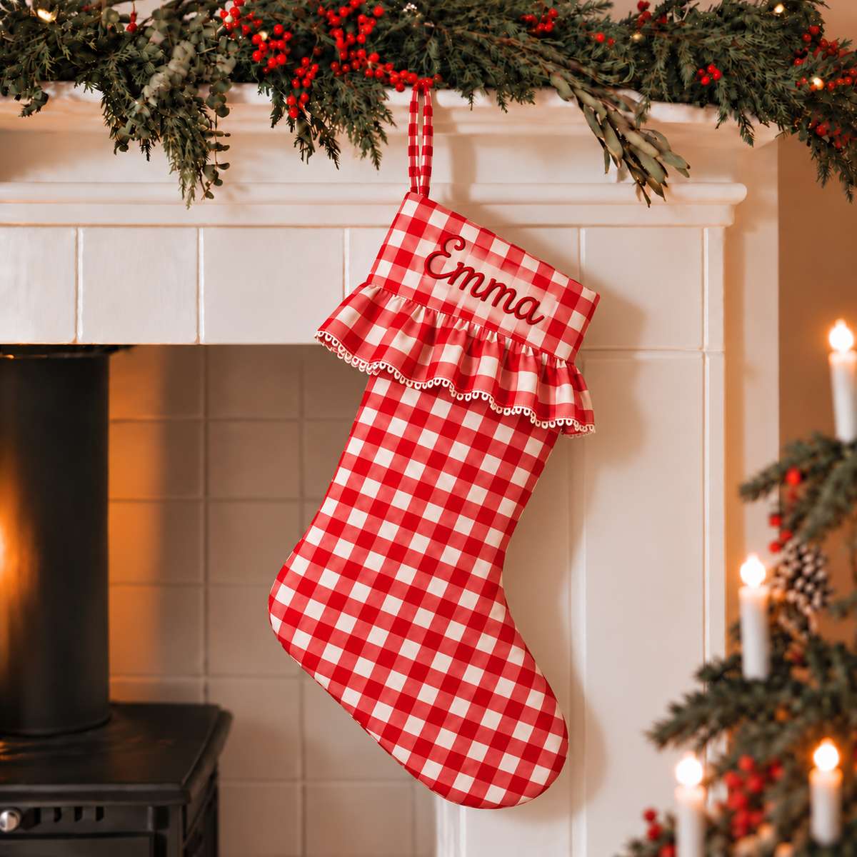Personalized Gingham Christmas Stocking | Embroidered Name on Ruffled Gingham Cuff