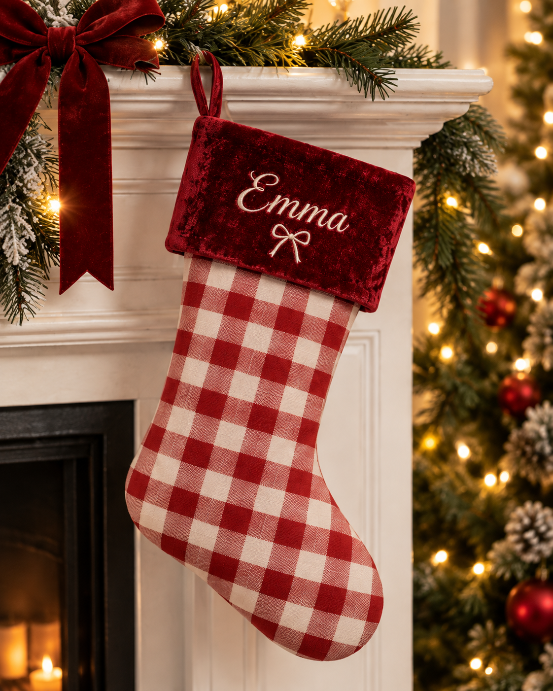 Personalized Gingham Christmas Stocking | Embroidered Name on Velvet Cuff