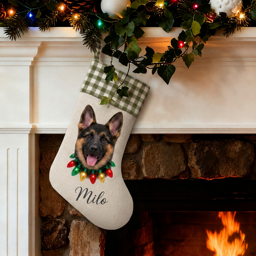 Custom Pet Christmas Stocking | Personalized Printed Pet Portrait with Christmas Lights & Green Gingham Cuff