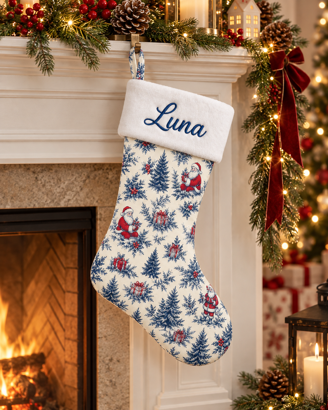 Personalized Christmas Stocking | Embroidered Name on Plush Cuff with Blue Chinoiserie Toile Print