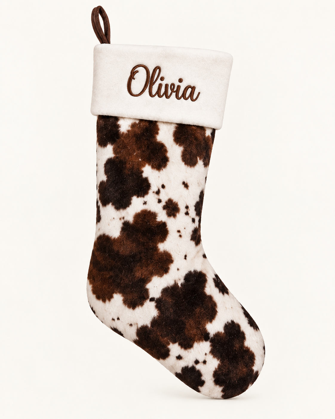 Personalized Cowhide Christmas Stocking | Embroidered Name on Cream Plush Cuff