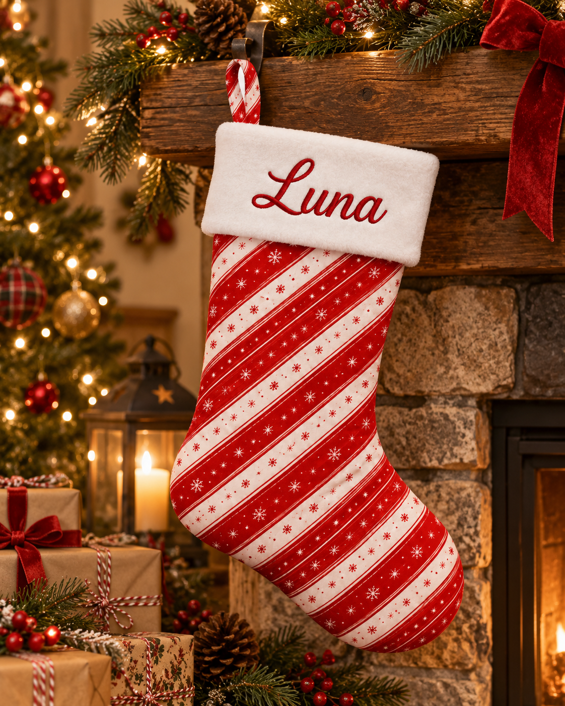 Personalized Christmas Stocking | Embroidered Name on Plush Cuff with Printed Candy Stripe Pattern