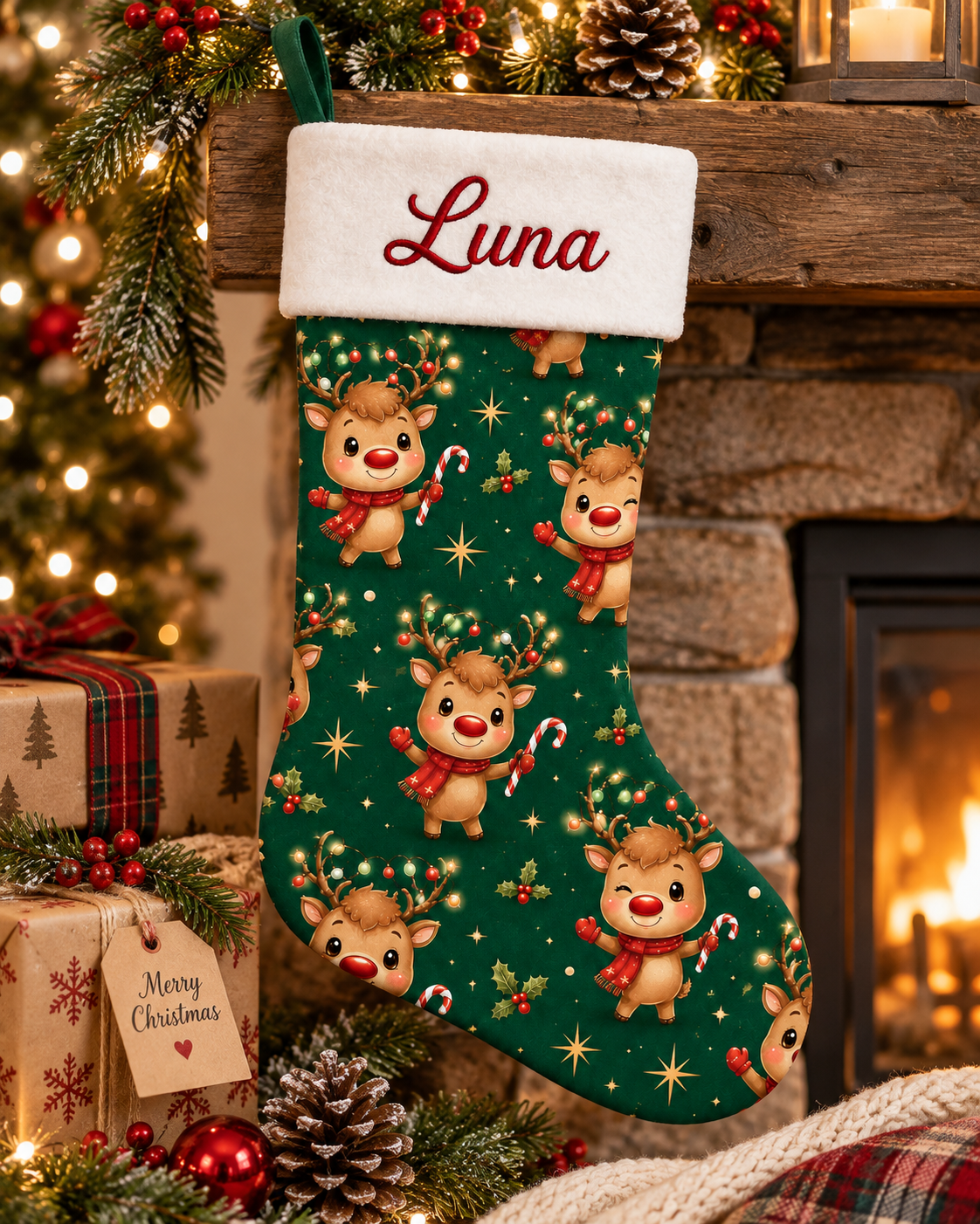 Personalized Christmas Stocking | Embroidered Name on Plush Cuff with Printed Reindeer Pattern