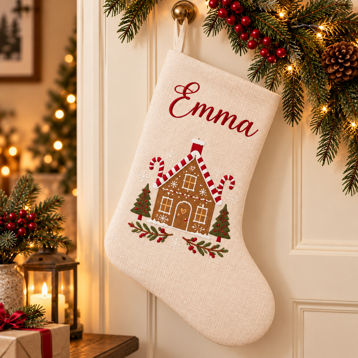 Personalized Christmas Stocking | Printed Name & Gingerbread House Design