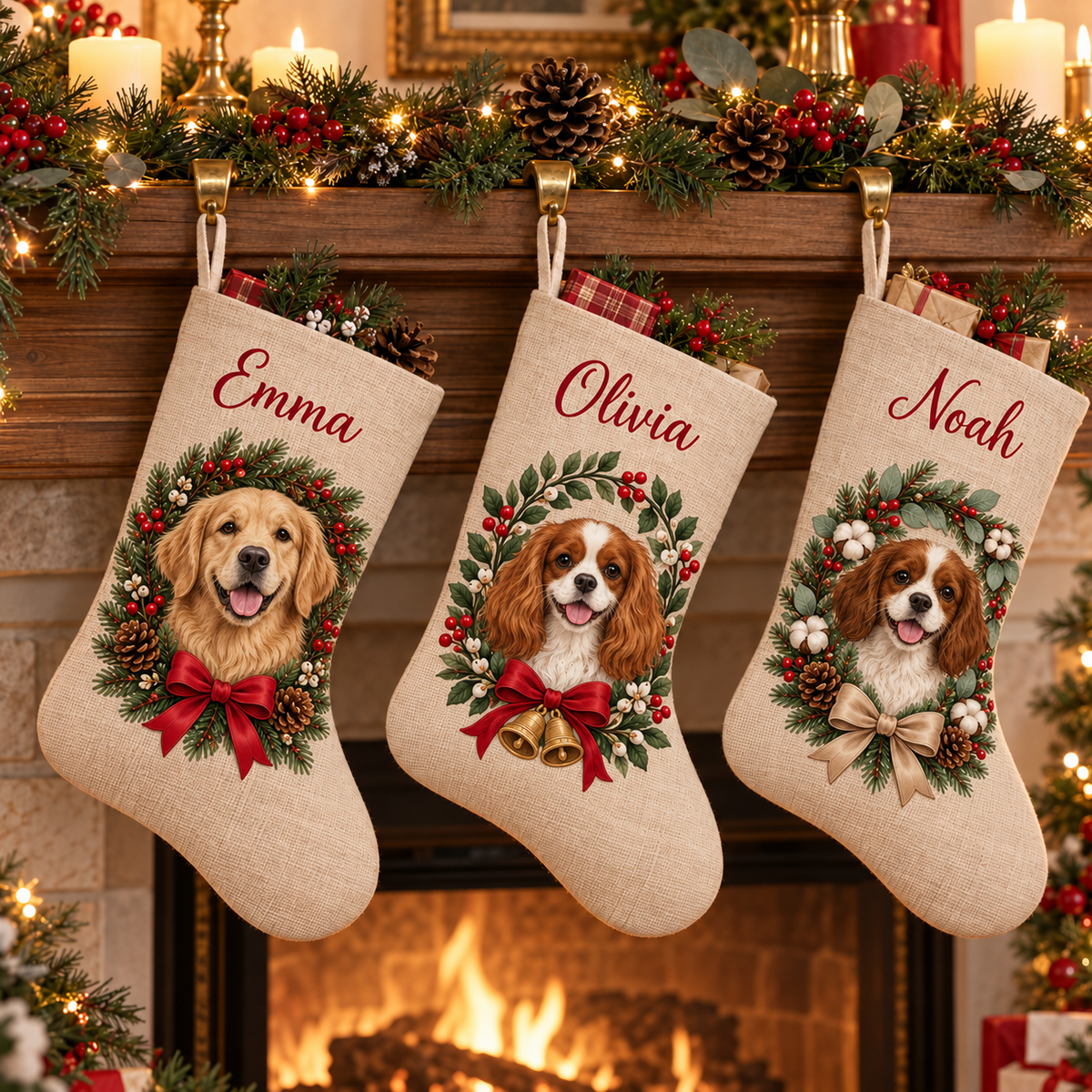 Custom Pet Christmas Stocking | Printed Pet Portrait in a Christmas Wreath & Printed Name
