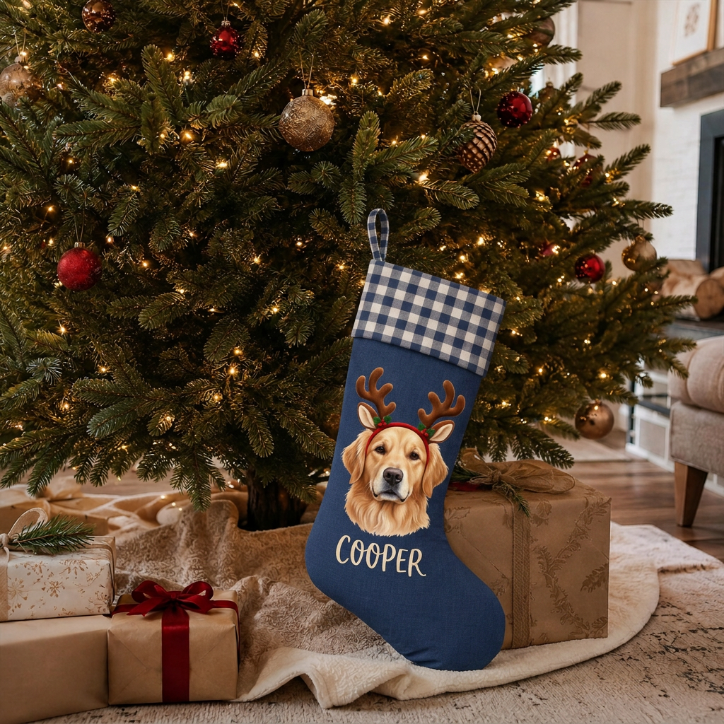 Personalized Pet Christmas Stocking | Custom Printed Pet Portrait with Reindeer Antlers & Navy Gingham Cuff
