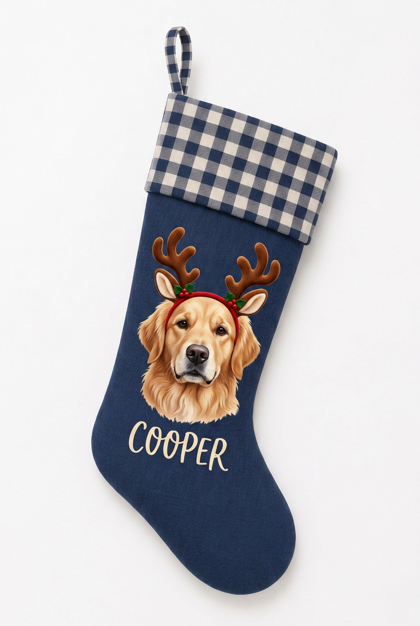 Personalized Pet Christmas Stocking | Custom Printed Pet Portrait with Reindeer Antlers & Navy Gingham Cuff