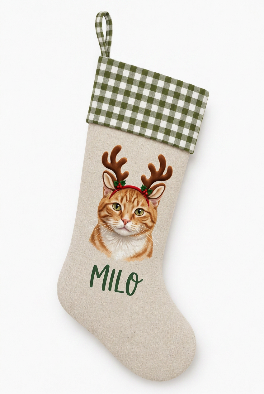Personalized Pet Christmas Stocking | Custom Printed Pet Portrait with Reindeer Antlers & Green Gingham Cuff