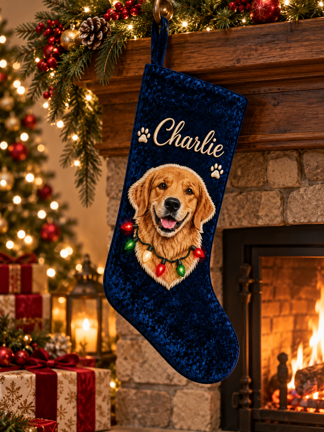 Custom Velvet Pet Christmas Stocking | Color Applique Dog Portrait with Christmas Lights & Embroidered Name