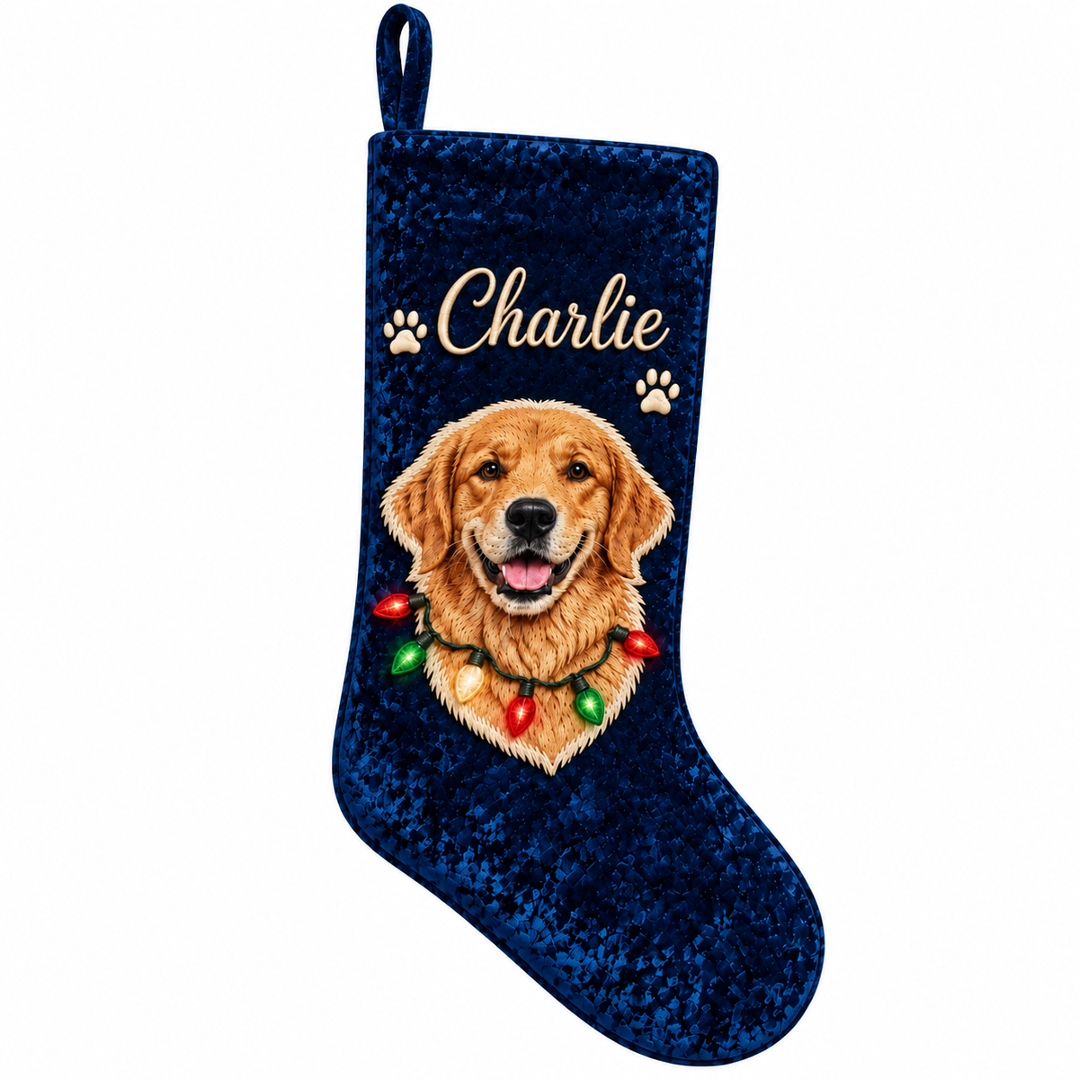 Custom Velvet Pet Christmas Stocking | Color Applique Dog Portrait with Christmas Lights & Embroidered Name