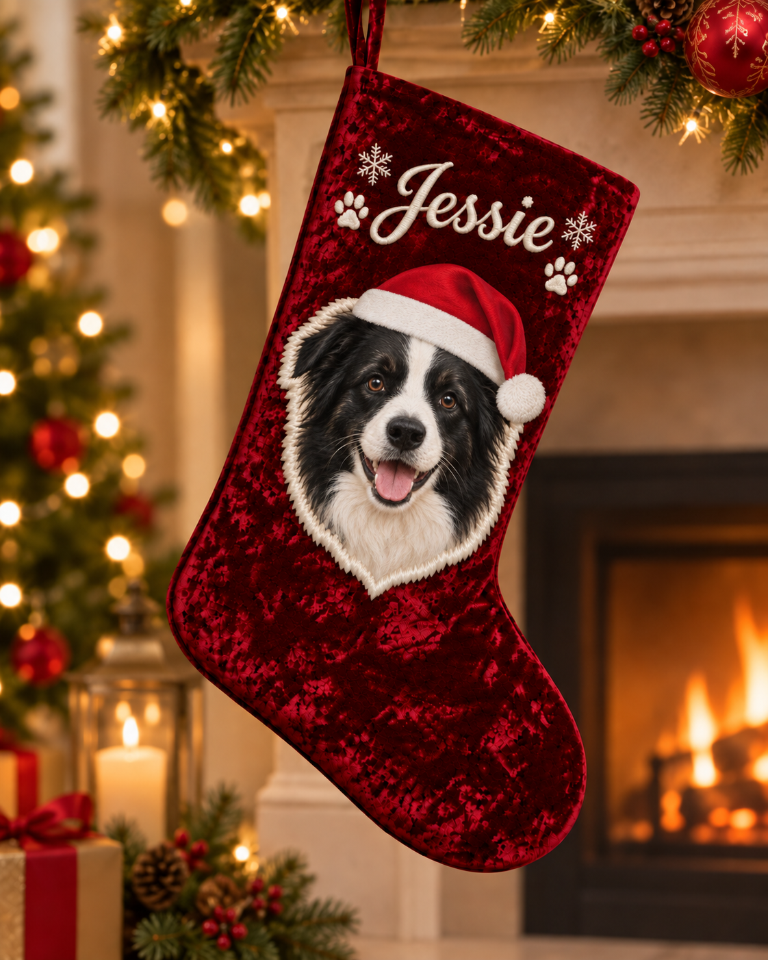 Custom Velvet Pet Christmas Stocking | Color Applique Dog Portrait with Santa Hat & Embroidered Name