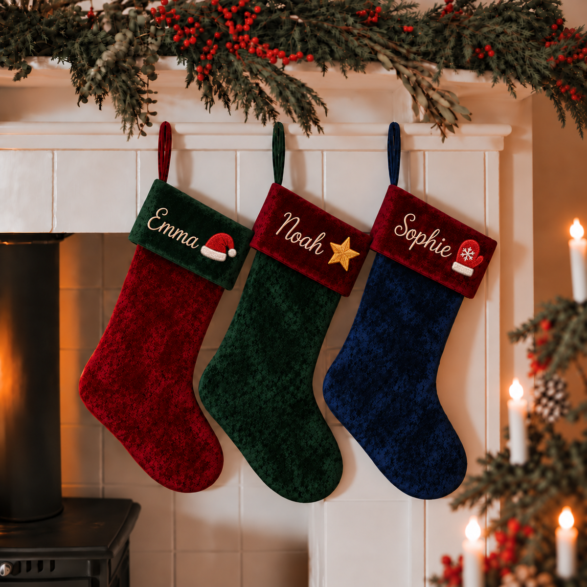Personalized Velvet Christmas Stocking | Embroidered Name & Holiday Icon on Contrast Velvet Cuff