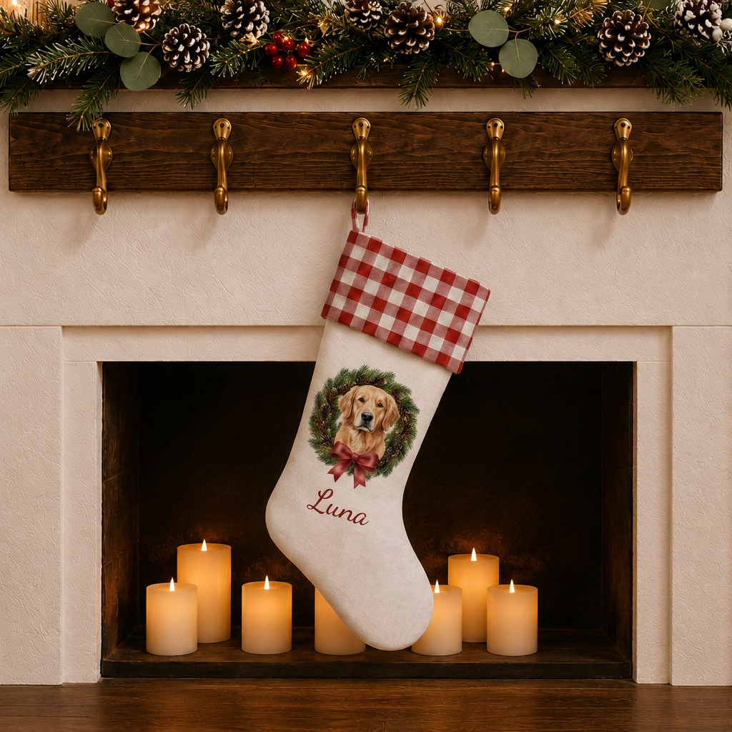 Personalized Pet Christmas Stocking | Custom Printed Pet Portrait in a Christmas Wreath with Red Gingham Cuff