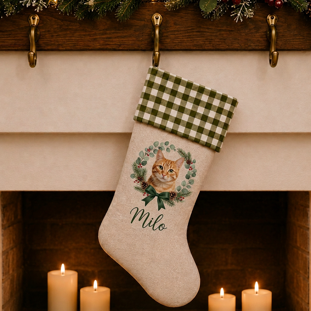 Personalized Pet Christmas Stocking | Custom Printed Pet Portrait in a Christmas Wreath with Green Gingham Cuff