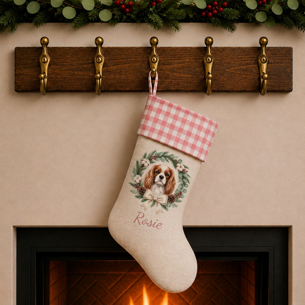 Personalized Pet Christmas Stocking | Custom Printed Pet Portrait in a Christmas Wreath with Pink Gingham Cuff