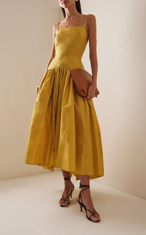Mustard yellow linen maxi dress with drop waist