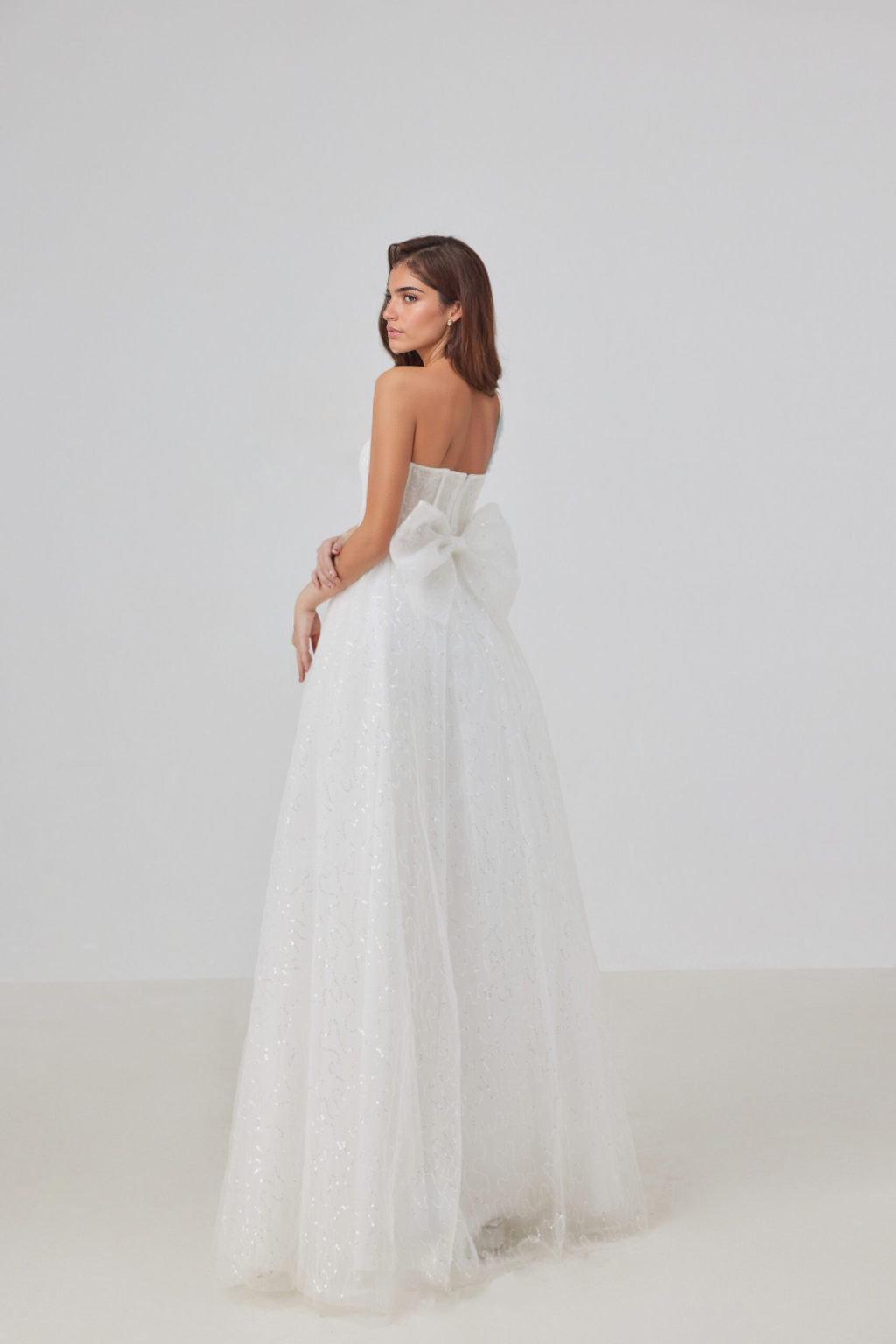 Satin mermaid gown with a Queen Anne neckline